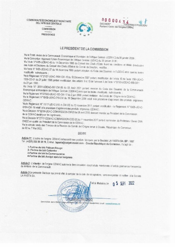 thumbnail of Décision N°00000434/22/CEMAC/CP/DMC/DAJ portant octroi de l’Origine CEMAC