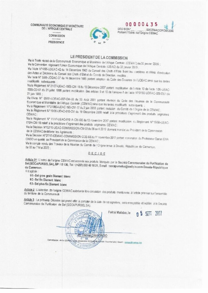 thumbnail of Décision N°00000435/22/CEMAC/CP/DMC/DAJ portant octroi de l’Origine CEMAC