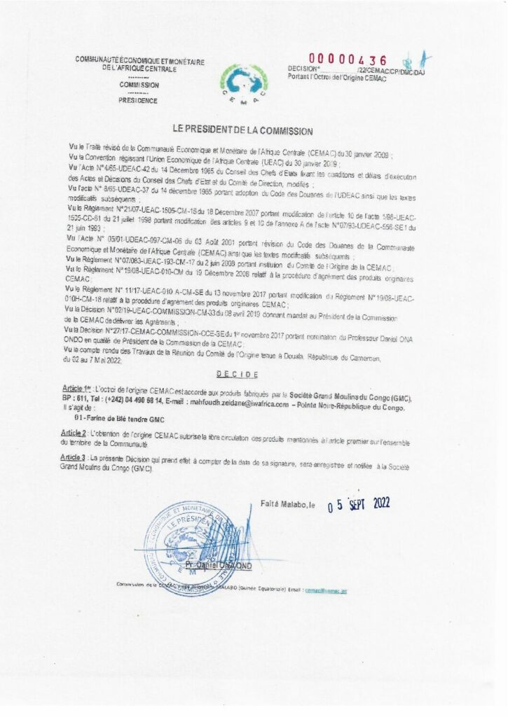 thumbnail of Décision N°00000436/22/CEMAC/CP/DMC/DAJ portant octroi de l’Origine CEMAC