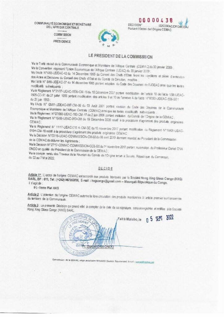 thumbnail of Décision N°00000438/22/CEMAC/CP/DMC/DAJ portant octroi de l’Origine CEMAC