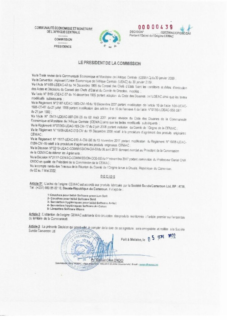 thumbnail of Décision N°00000439/22/CEMAC/CP/DMC/DAJ portant octroi de l’Origine CEMAC