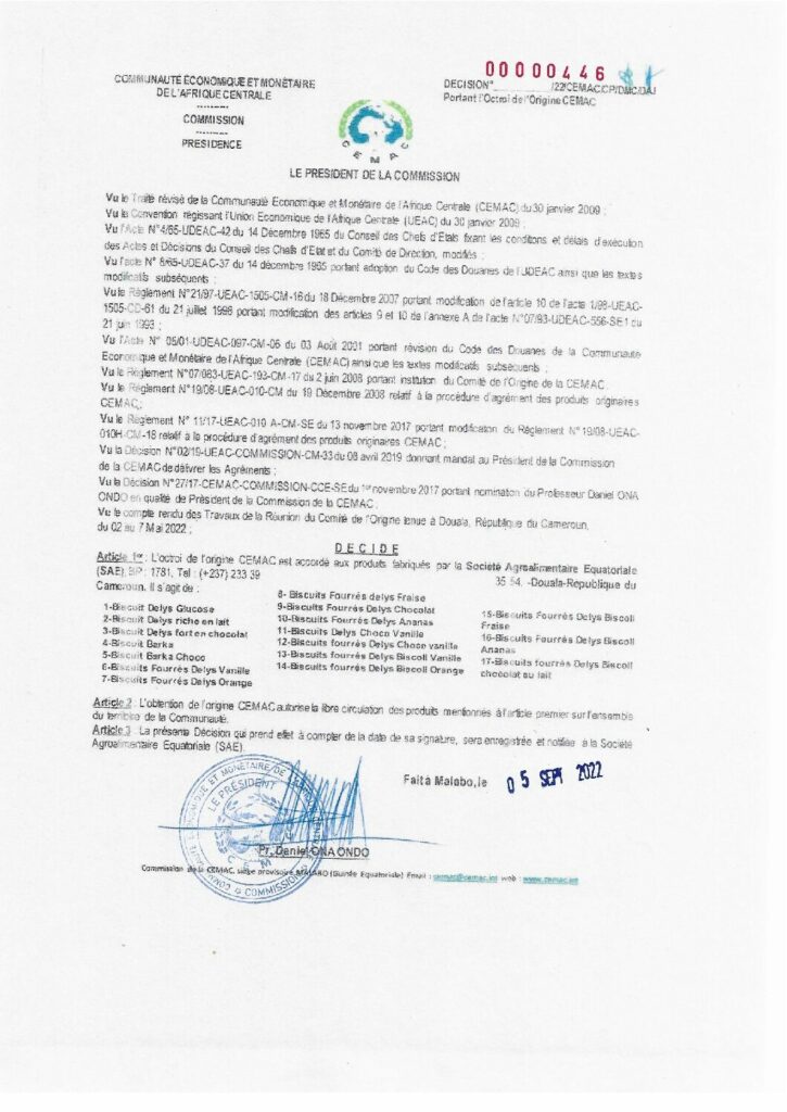 thumbnail of Décision N°00000446/22/CEMAC/CP/DMC/DAJ portant octroi de l’Origine CEMAC