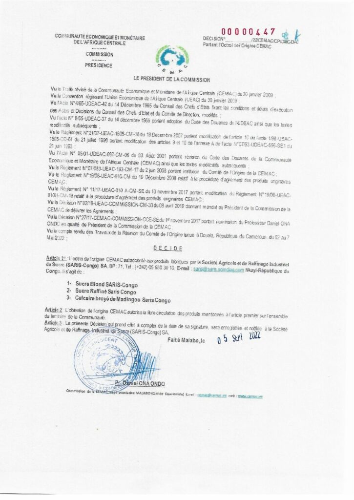 thumbnail of Décision N°00000447/22/CEMAC/CP/DMC/DAJ portant octroi de l’Origine CEMAC