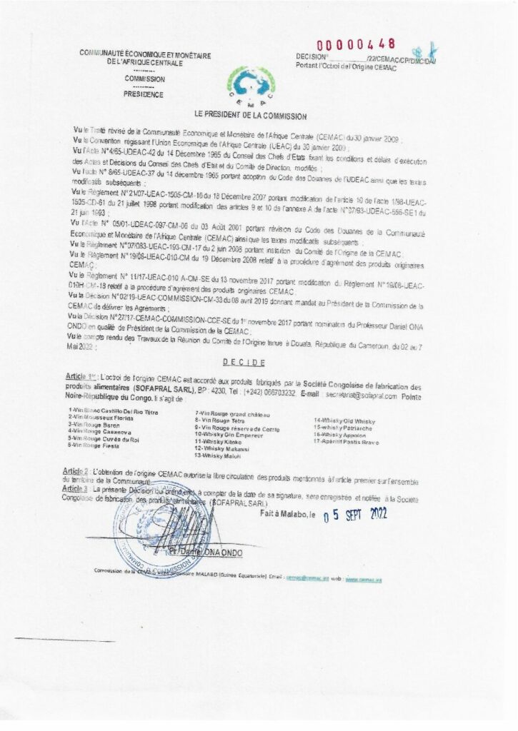 thumbnail of Décision N°00000448/22/CEMAC/CP/DMC/DAJ portant octroi de l’Origine CEMAC