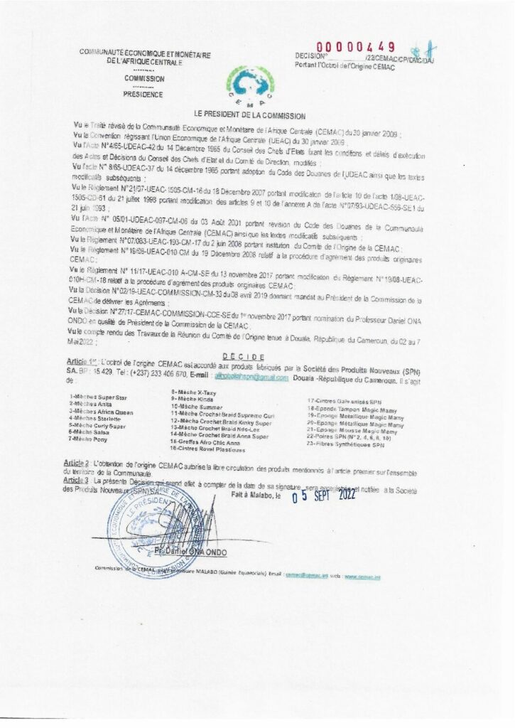 thumbnail of Décision N°00000449/22/CEMAC/CP/DMC/DAJ portant octroi de l’Origine CEMAC