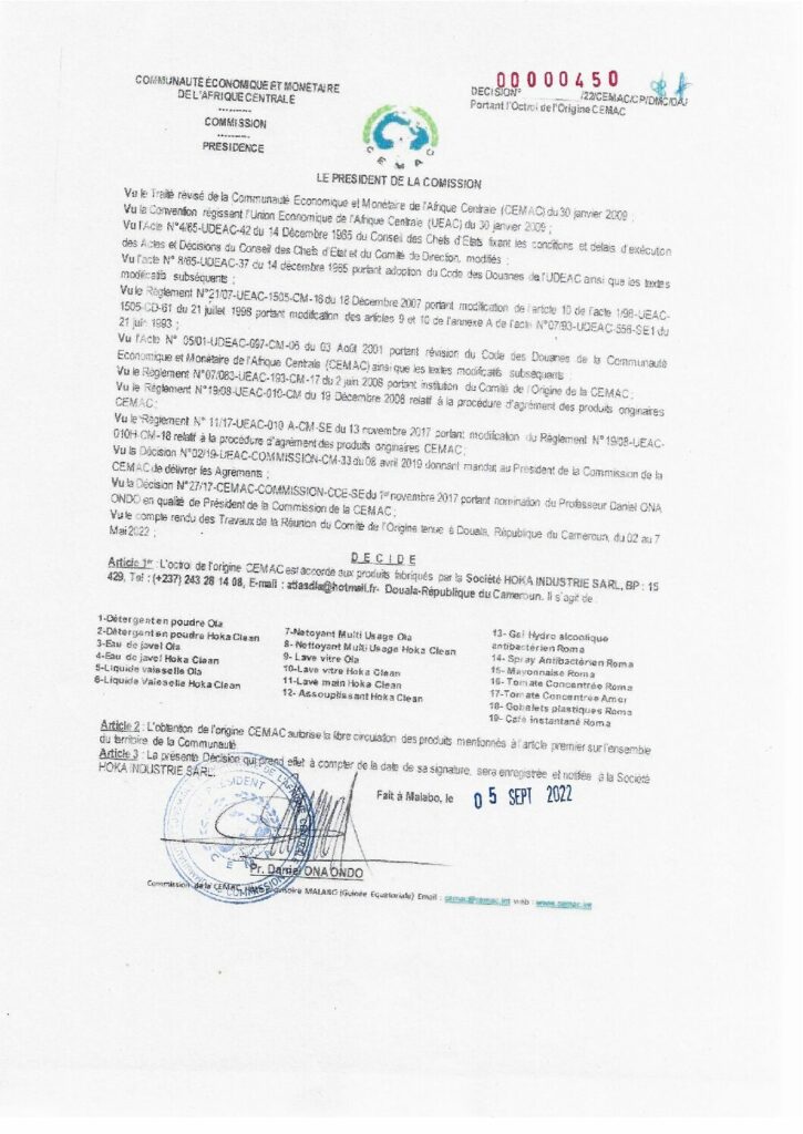 thumbnail of Décision N°00000450/22/CEMAC/CP/DMC/DAJ portant octroi de l’Origine CEMAC