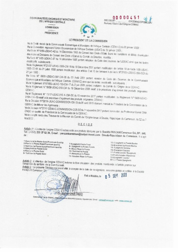 thumbnail of Décision N°00000451/22/CEMAC/CP/DMC/DAJ portant octroi de l’Origine CEMAC