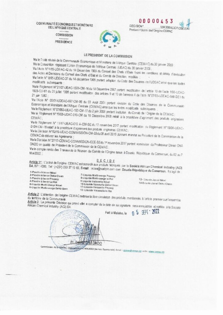 thumbnail of Décision N°00000453/22/CEMAC/CP/DMC/DAJ portant octroi de l’Origine CEMAC