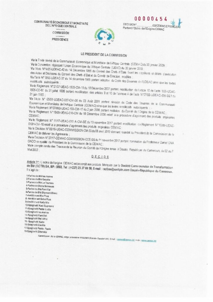 thumbnail of Décision N°00000454/22/CEMAC/CP/DMC/DAJ portant octroi de l’Origine CEMAC