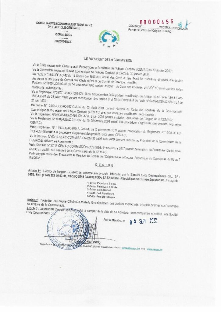 thumbnail of Décision N°00000455/22/CEMAC/CP/DMC/DAJ portant octroi de l’Origine CEMAC