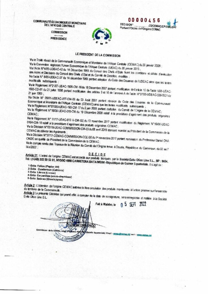 thumbnail of Décision N°00000456/22/CEMAC/CP/DMC/DAJ portant octroi de l’Origine CEMAC