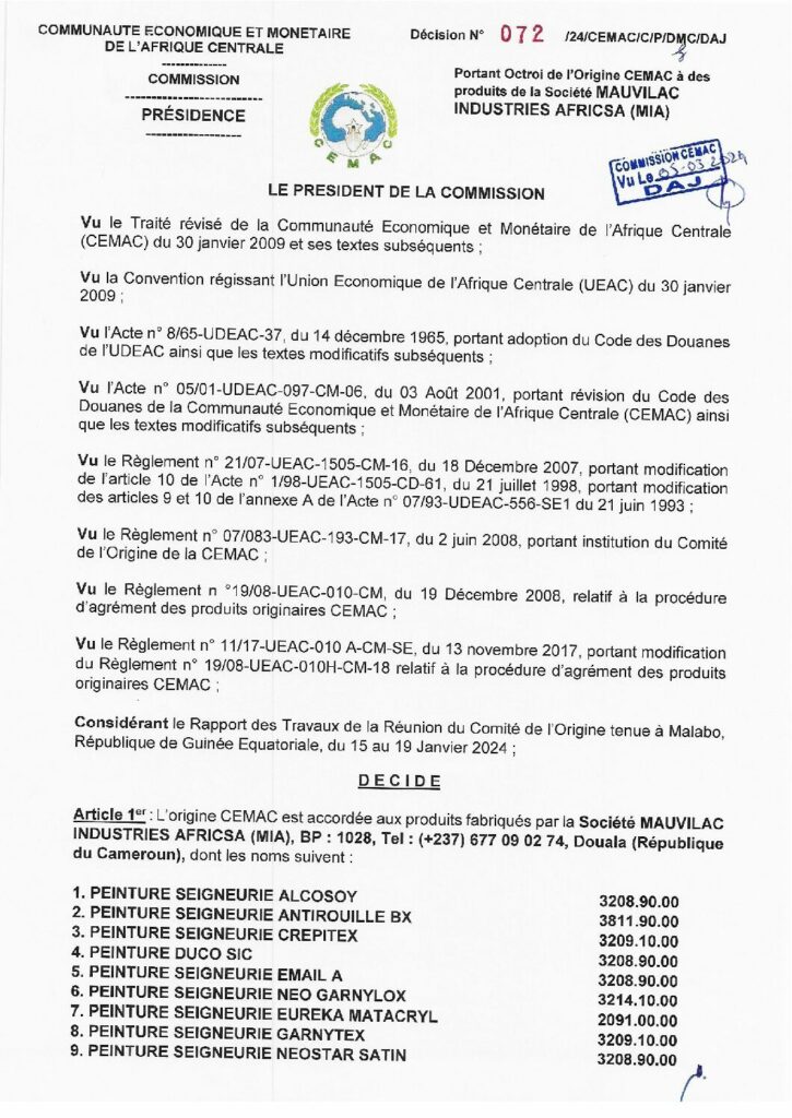 thumbnail of Décision portant octroi de l’Origine CEMAC à des produits de la Société MAUVILAC INDUSTRIES AFRICSA (MIA)