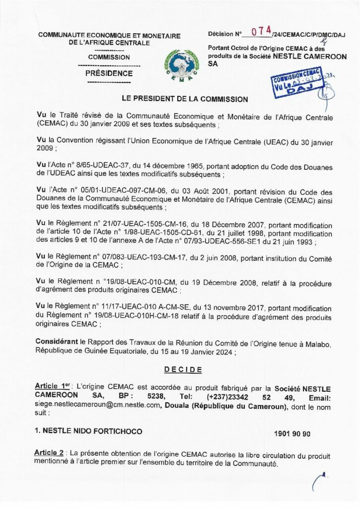 thumbnail of Décision portant octroi de l’Origine CEMAC à des produits de la Société NESTLE CAMEROON SA