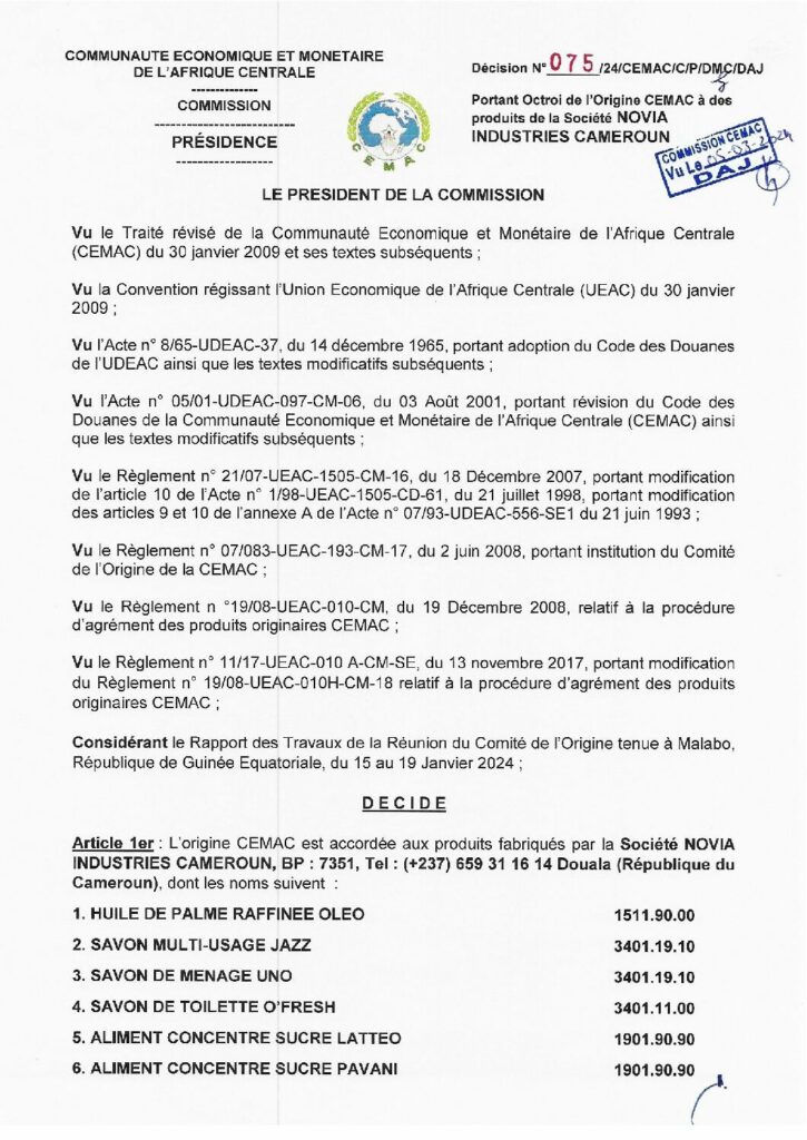 thumbnail of Décision portant octroi de l’Origine CEMAC à des produits de la Société NOVIA INDUSTRIES CAMEROUN